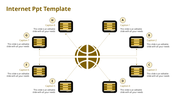 Yellow themed infographic with a central globe connected to eight surrounding icons with dotted arrows.