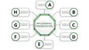 Octagonal infographic in green with eight surrounding sections labeled A to H, each containing placeholder text areas.