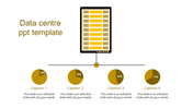 Datacenter slide with a server icon connected to four pie charts, each labeled with a percentage and caption.