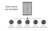 A data center slide featuring an illustration of a server rack at the center, with percentage indicators for data metrics.