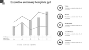 Executive summary template with bar and line chart and five gray circular icons for sections placed in white backdrop.