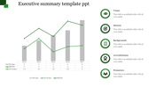 Green themed summary slide featuring a chart on the left and five labeled icons in circles on the right.