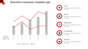Executive summary template with bar and line chart and five red circular icons for sections detailing key areas.