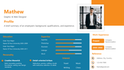 Portfolio slide for graphic and web designer with sections on profile, education, expertise, work experience, and reference.