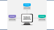 Three tech themed boxes linked to a central screen in a technology presentation design with placeholder text areas.