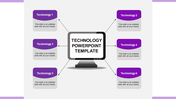 Technology themed slide with a central screen and six connected purple boxes labeled Technology 1 to 6.