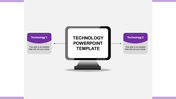 Purple and gray technology diagram with arrows linking Technology 1 and 2 to monitor connected to a central computer screen template.
