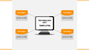 Four tech themed orange boxes linked to a central screen in a technology presentation design placed with caption areas.
