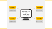 Four tech themed yellow boxes linked to a central screen in a technology presentation design placed with caption areas.