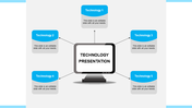 Blue technology labels linked to a central computer screen layout placed in white background.