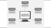 Technology infographic with five gray nodes surrounding a monitor and caption areas placed in white background.