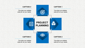 Project planning infographic with four blue square icons and placeholder text areas arranged around a central box.