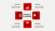 Project planning PPT slide featuring red icons for strategy, goal setting, and teamwork with captions and placeholder text.