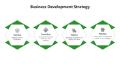 Four white hexagons with green outlines arranged horizontally, each containing icons, on a white background.