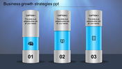 Business growth graphic with three vertical blue cylinders numbered 01 to 03, featuring icons and captions.