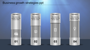 Business growth strategies PowerPoint template with four sections with grey icons and captions.