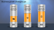 Three vertical orange and silver cylinders represent business strategies with icons and captions, set on a blue background.