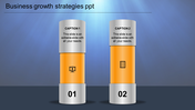 Modern infographic with two numbered silver and orange pillars, each displaying captions and icons representing concepts.