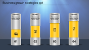 Four step business growth layout with yellow pillars, numbered bases, icons, and silver captions on top.