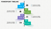 A colorful PowerPoint timeline template showcasing four years with captions and corresponding icons for each year.