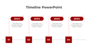 Four step modern timeline design with red gradient elements, numbered boxes, and curved arrow connectors.