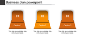 Business plan PowerPoint slide with numbered sections 01, 02, 03, and corresponding orange captions with placeholder text.