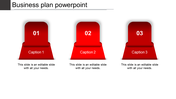 Business plan PowerPoint slide with numbered sections and three red Captions each with placeholder text.