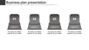 Business plan presentation slide with four sections labeled Caption 1 to 4, with grey icons and placeholder text.
