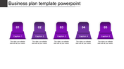 Business plan slide with five purple gradient blocks, each numbered from 01 to 05, with captions and text below.