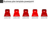 Business plan template with five red steps labeled 01 to 05, each with captions and text below.