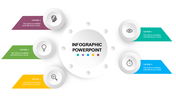 Modern circular infographic with six icons and matching yellow caption boxes connected to a central circle.