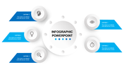 Modern circular infographic featuring six icons and colorful caption boxes connected to a central circle.