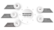 Modern circular infographic featuring six icons and blue caption boxes linked to a central circle with gradient dots.