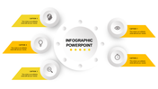 Infographic design with a central circle and five surrounding yellow caption triangles, each with a unique icon. 