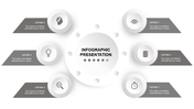 Infographic presentation slide with a central circle and six surrounding icons with captions for content.