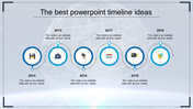 PowerPoint timeline design with blue circular markers for the years 2014 to 2019, featuring icons for each milestone.