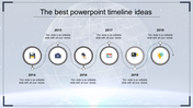 PowerPoint timeline design with grey circular markers for the years 2014 to 2019, featuring icons for each milestone.