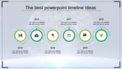 Timeline with six green arrows and icons for years 2014 to 2019, featuring technology related symbols.