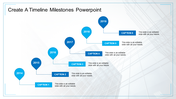 Timeline with six blue year markers, each inside circles, connected by lines, with caption boxes below.