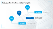 Timeline with three blue markers for years 2017 to 2019, and captions in rectangular boxes, on a modern background.