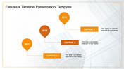 Timeline PPT template with orange circular markers for 2017, 2018, and 2019, and captions below each year.