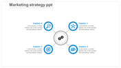 Circular layout with four colored icons linked to a central grey gear symbol representing marketing elements.