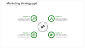 Marketing strategy PowerPoint slide with four green icons around a central gear icon, each with captions.