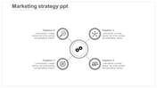 Marketing strategy slide with four icons and captions in a circular arrangement, representing different strategy elements.