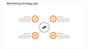 Circular layout with four blue icons linked to a central grey gear symbol representing marketing elements.
