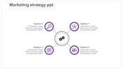 Marketing strategy PowerPoint slide with four purple icons surrounding a central gear icon, each with captions.
