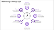 Marketing strategy PowerPoint template with eight sections, each represented by purple icons with captions.