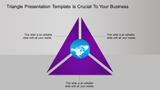Business triangle template with purple triangles and a globe symbol in the center with placeholder text.