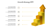 Infographic with a yellow and orange arrow pointing upward, paired with five icons and text blocks on the left.