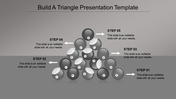 Grey triangle PPT template with numbered steps 1 to 5 arranged in a triangular formation with arrows pointing to each step.